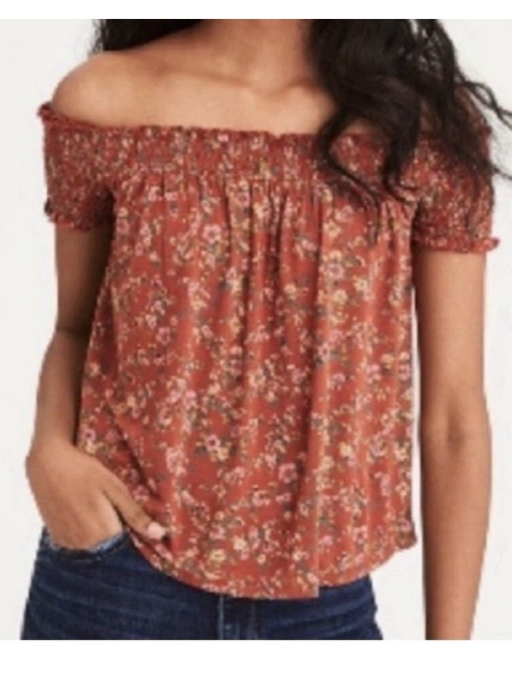 AMERICAN EAGLE Size S Brown Floral Off Shoulder Peasant Top Ruffle Short Sleeves